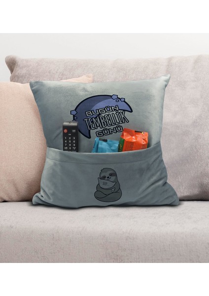 Eğlenceli Tasarımlı Organizer Kumanda ve Atıştırmalık Cepli Gri Kırlent Yastık- 14, Ev Dekoru,