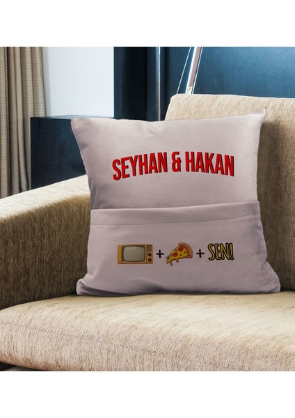 Kişiye Özel Tasarımlı Organizer Kumanda ve Atıştırmalık Cepli Pembe Kırlent Yastık- 2, Ev Dekoru, fiyatları