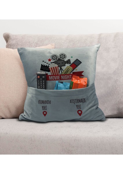 Eğlenceli Tasarımlı Organizer Kumanda ve Atıştırmalık Cepli Gri Kırlent Yastık- 12, Ev Dekoru,