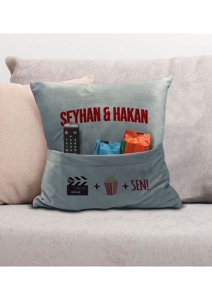 Kişiye Özel Tasarımlı Organizer Kumanda ve Atıştırmalık Cepli Gri Kırlent Yastık- 1, Ev Dekoru,