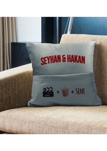 Kişiye Özel Tasarımlı Organizer Kumanda ve Atıştırmalık Cepli Gri Kırlent Yastık- 1, Ev Dekoru, fiyatları