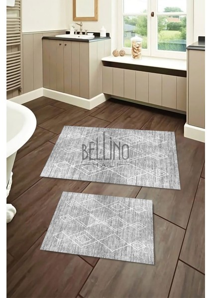 Yıkanabilir Kaymaz Pamuk Dokuma Taban Gri Iskandinav Desenli 60X100-50X60 2'li Banyo Paspası 26
