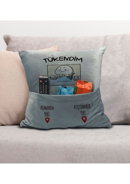 Eğlenceli Tasarımlı Organizer Kumanda ve Atıştırmalık Cepli Gri Kırlent Yastık- 3, Ev Dekoru,