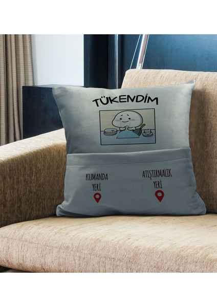Eğlenceli Tasarımlı Organizer Kumanda ve Atıştırmalık Cepli Gri Kırlent Yastık- 3, Ev Dekoru, fiyatları