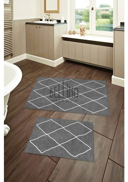 Yıkanabilir Kaymaz Pamuk Dokuma Taban Gri Çapraz Geometrik Desenli 60X100-50X60 2'li Banyo Paspası 29