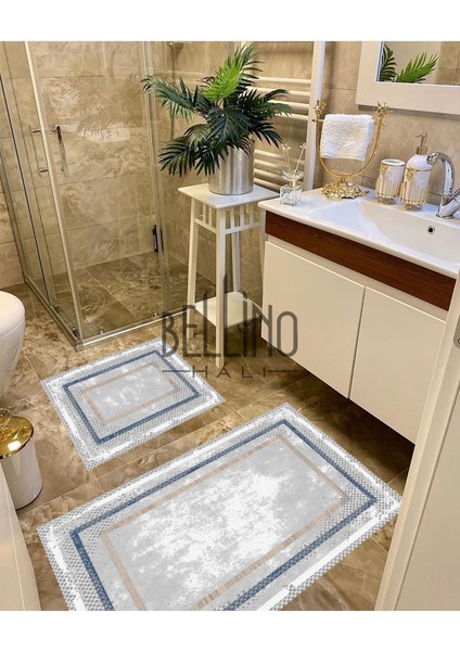 Yıkanabilir Kaymaz Pamuk Dokuma Taban Renkli Çerçeve Desenli 60X100-50X60 2'li Banyo Paspası 32