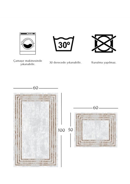 Yıkanabilir Kaymaz Pamuk Dokuma Taban Renkli Çerçeve Desenli 60X100-50X60 2'li Banyo Paspası 32