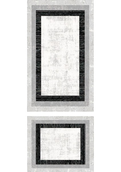 Yıkanabilir Kaymaz Pamuk Dokuma Taban Gri Siyah Çerçeve Desenli 60X100-50X60 2'li Banyo Paspası 34