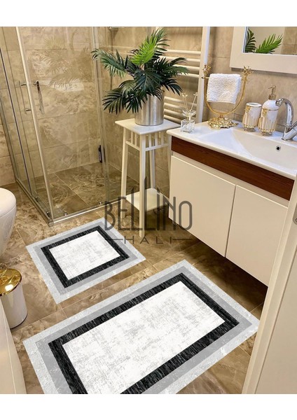 Yıkanabilir Kaymaz Pamuk Dokuma Taban Gri Siyah Çerçeve Desenli 60X100-50X60 2'li Banyo Paspası 34