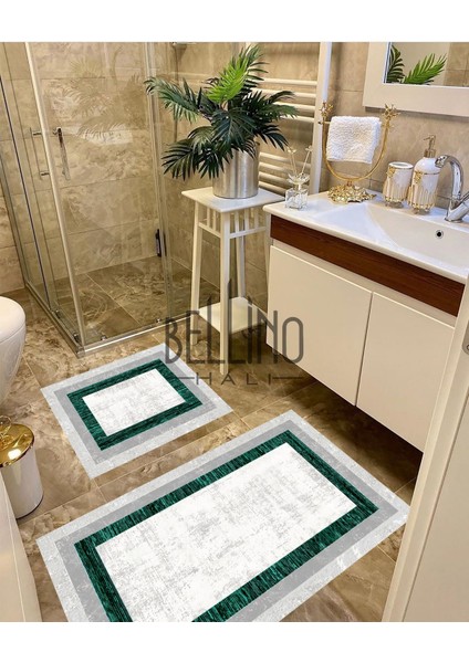 Yıkanabilir Kaymaz Pamuk Dokuma Taban Gri Yeşil Çerçeve Desenli 60X100-50X60 2'li Banyo Paspası 35