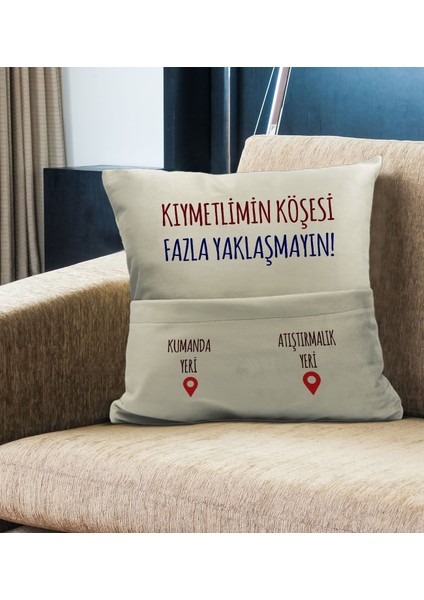 Eğlenceli Tasarımlı Organizer Kumanda ve Atıştırmalık Cepli Krem Kırlent Yastık- 10, Ev Dekoru,