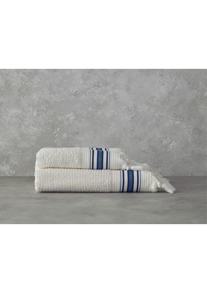 Cool Stripe Pamuklu Çizgili Banyo Havlusu Takımı Ekru - Mavi