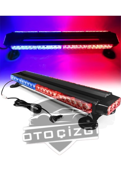 Oto Çizgi Mıknatıslı Tepe Çakar Lamba Çift Taraflı 54 LED Mavi-Kırmızı 7 Modlü 12V 24V 70 cm