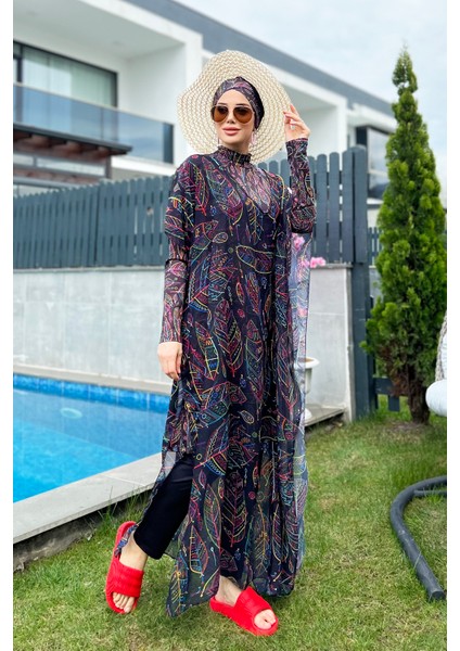 Remsa Tesettür Mayo Üzerine Desenli Tek Kaftan Pareo Renkli Yaprak Tema 430-303 Zeynep