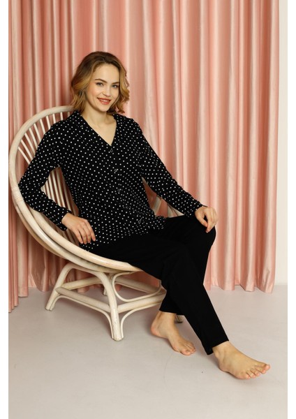 Kadın Pijama Takımı Interlok Puanlı Boydan Düğmeli Pamuklu Mevsimlik W20512278