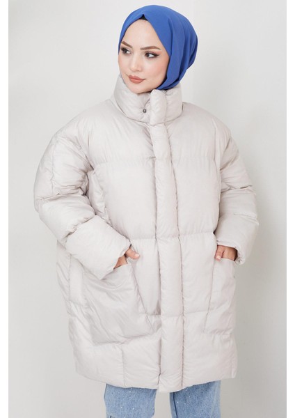 Oversize Torba Cep Şişme Mont Ekru HM2317