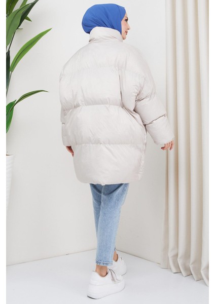 Oversize Torba Cep Şişme Mont Ekru HM2317