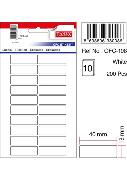 OFC-108 13x40 Mm Beyaz Ofis Etiketi 10 sayfa