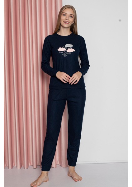 Fwn 4006 Interlok Kışlık Bulut Desenli Kadın Pijama Takımı