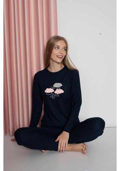 Fwn 4006 Interlok Kışlık Bulut Desenli Kadın Pijama Takımı
