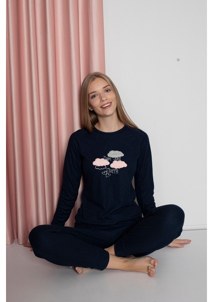 Fwn 4006 Interlok Kışlık Bulut Desenli Kadın Pijama Takımı