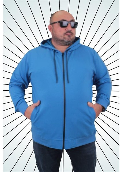 Büyük Beden Basic Mevsimlik Fermuarlı Kapüşonlu Sweat 22751 Saks