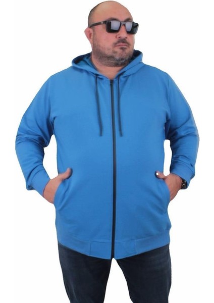 Büyük Beden Basic Mevsimlik Fermuarlı Kapüşonlu Sweat 22751 Saks