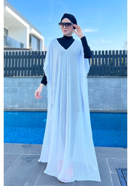 Üzerine Örme Kaftan Pareo 430-T2 Beyaz