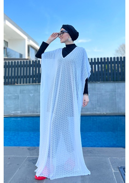 Üzerine Örme Kaftan Pareo 430-T2 Beyaz modelleri