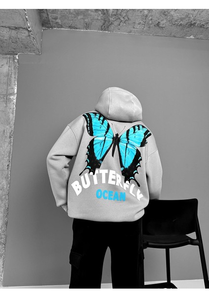 Oversize Butterfly Baskılı Hoodie Gri