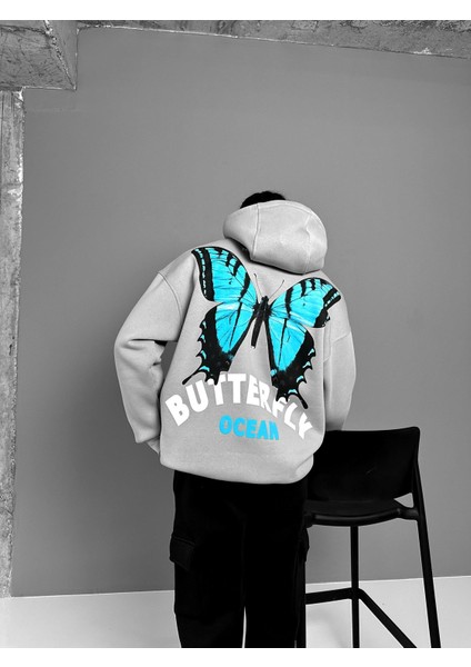 Oversize Butterfly Baskılı Hoodie Gri