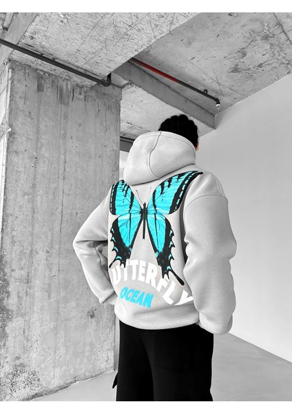 Oversize Butterfly Baskılı Hoodie Gri