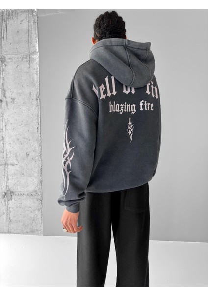 Oversize Hell Of Fire Baskılı Hoodie Antrasit