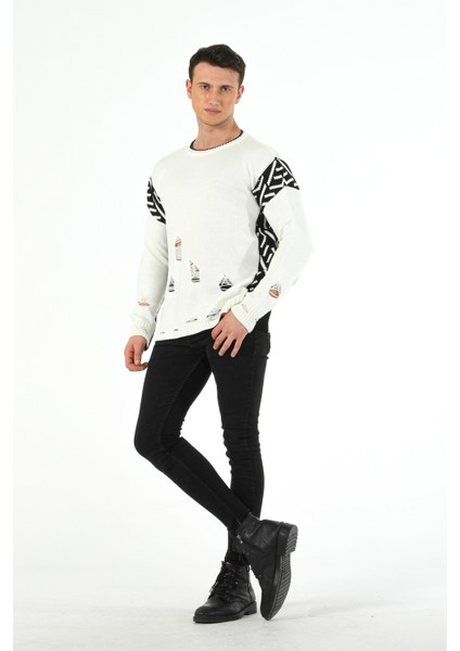Fashion Tarz Da Yırtıklı Intersiye Desen Bisiklet Yaka Spor Triko Kazak