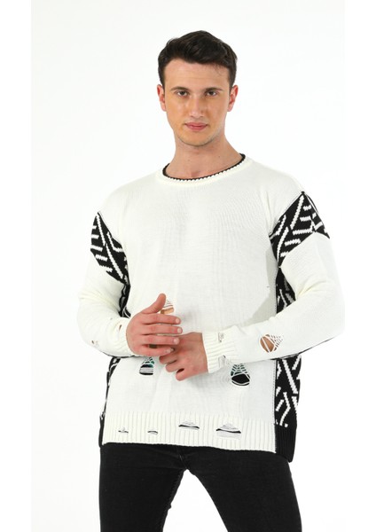 Fashion Tarz Da Yırtıklı Intersiye Desen Bisiklet Yaka Spor Triko Kazak