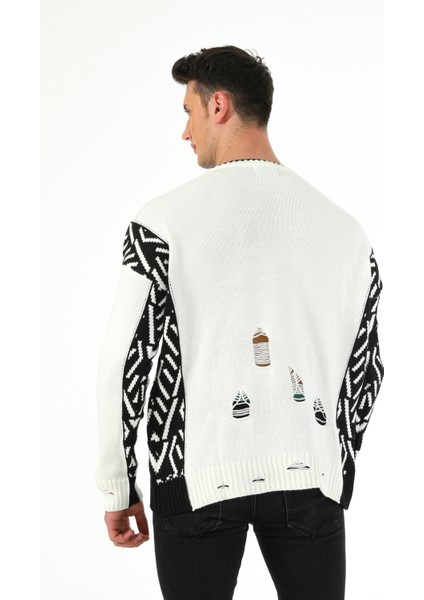 Fashion Tarz Da Yırtıklı Intersiye Desen Bisiklet Yaka Spor Triko Kazak