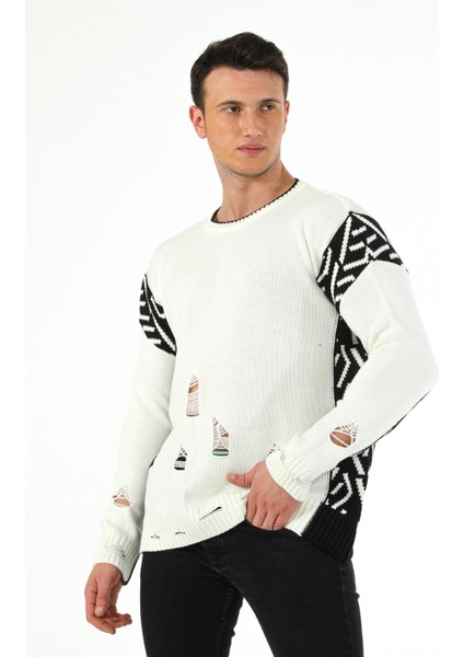 Fashion Tarz Da Yırtıklı Intersiye Desen Bisiklet Yaka Spor Triko Kazak