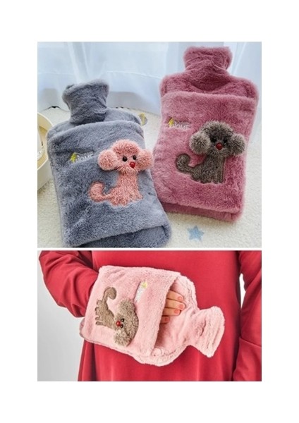 Peluş Kılıflı Köpek Emojili Sıcak Su Torbası 2 Lt Cepli El Geçmeli Sıcak Su Torbası El Isıtıcı