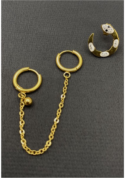 Gold Renk Şekilli Üçlü Çelik Küpe