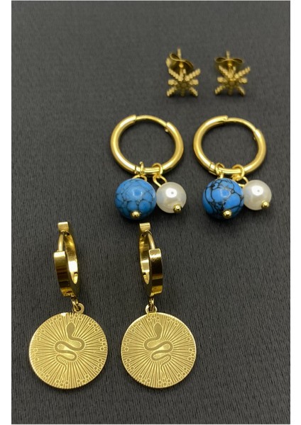 Gold Renk Çelik Renkli Taşlı 6'lı Çelik Küpe Seti