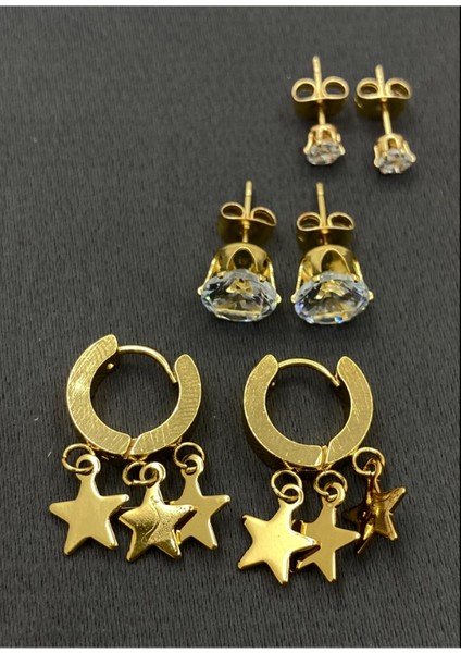 Gold Renk Taşlı 6'lı Çelik Küpe Seti