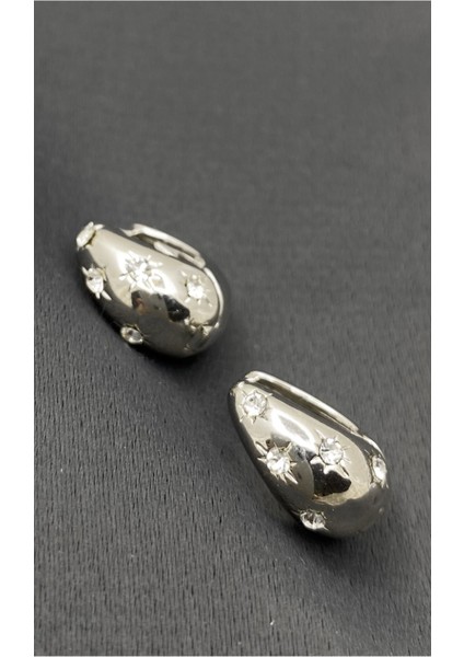 Gümüş Renk Taşlı Halka Küpe