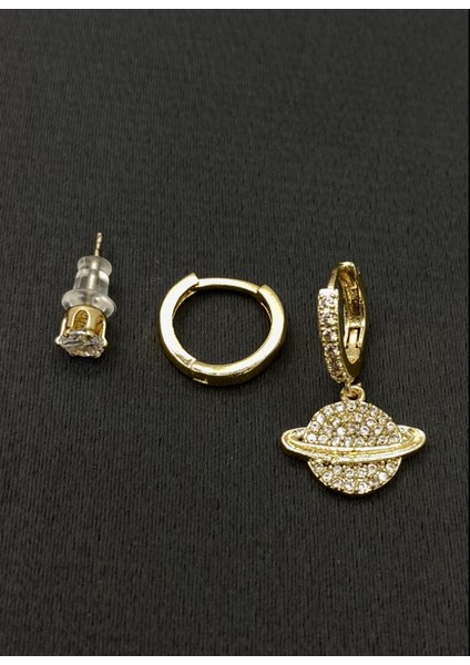 Gold Renk Üçlü Satürn Figürlü Zirkon Küpe Seti