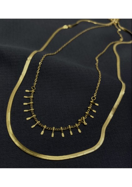 Gold Renk Italyan Zincirli Ikili Çelik Kolye