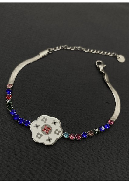 Gümüş Renk Renkli Taşlı Italyan Zincirli Çelik Bilelik