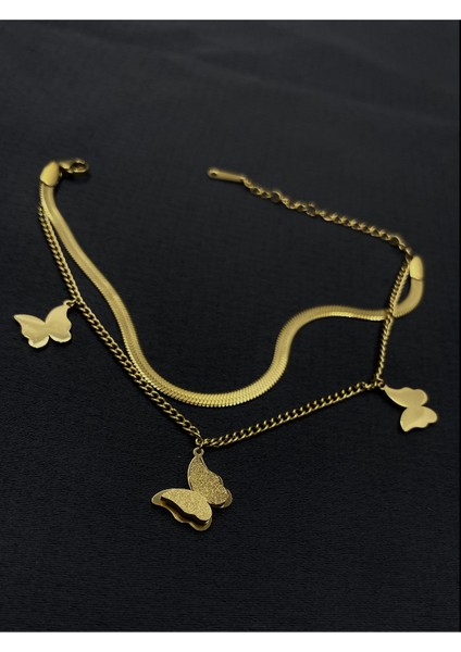 Gold Renk Ikili Kelebekli Çelik Bileklik