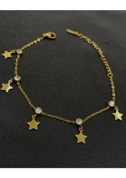Gold Renk Yıldızlı Taşlı Zarif Çelik Bileklik