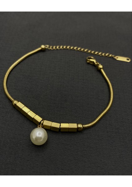 Gold Renk Ince Incili Çelik Bileklik