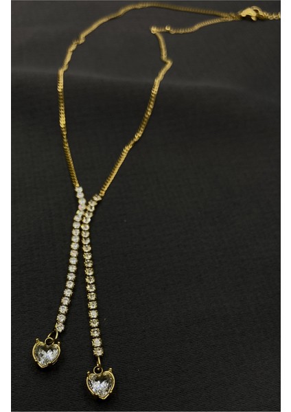 Gold Renk Beyaz Taşlı Sallantılı Zarif Çelik Abiye Kolye