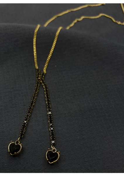 Gold Renk Siyah Taşlı Sallantılı Zarif Çelik Abiye Kolye